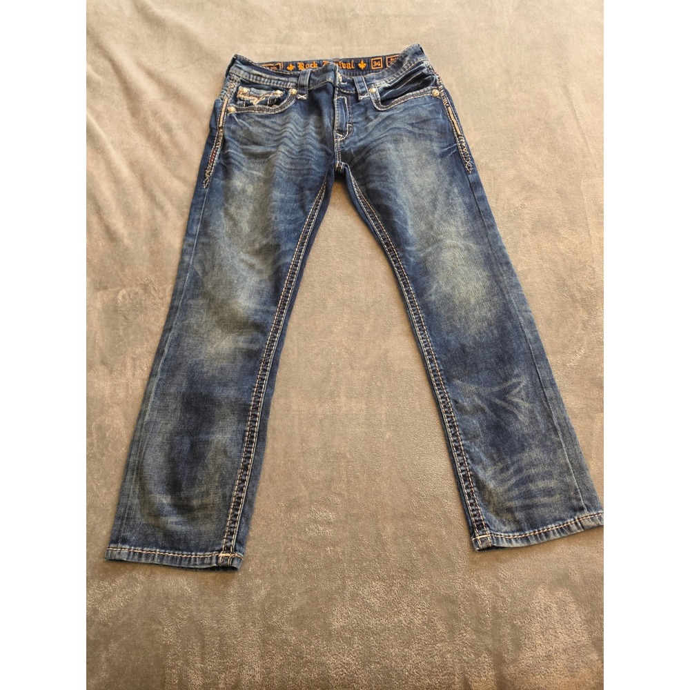 Rock Revival Geras Straight Jeans Mens Size 34 Thick Stitch Embroidered